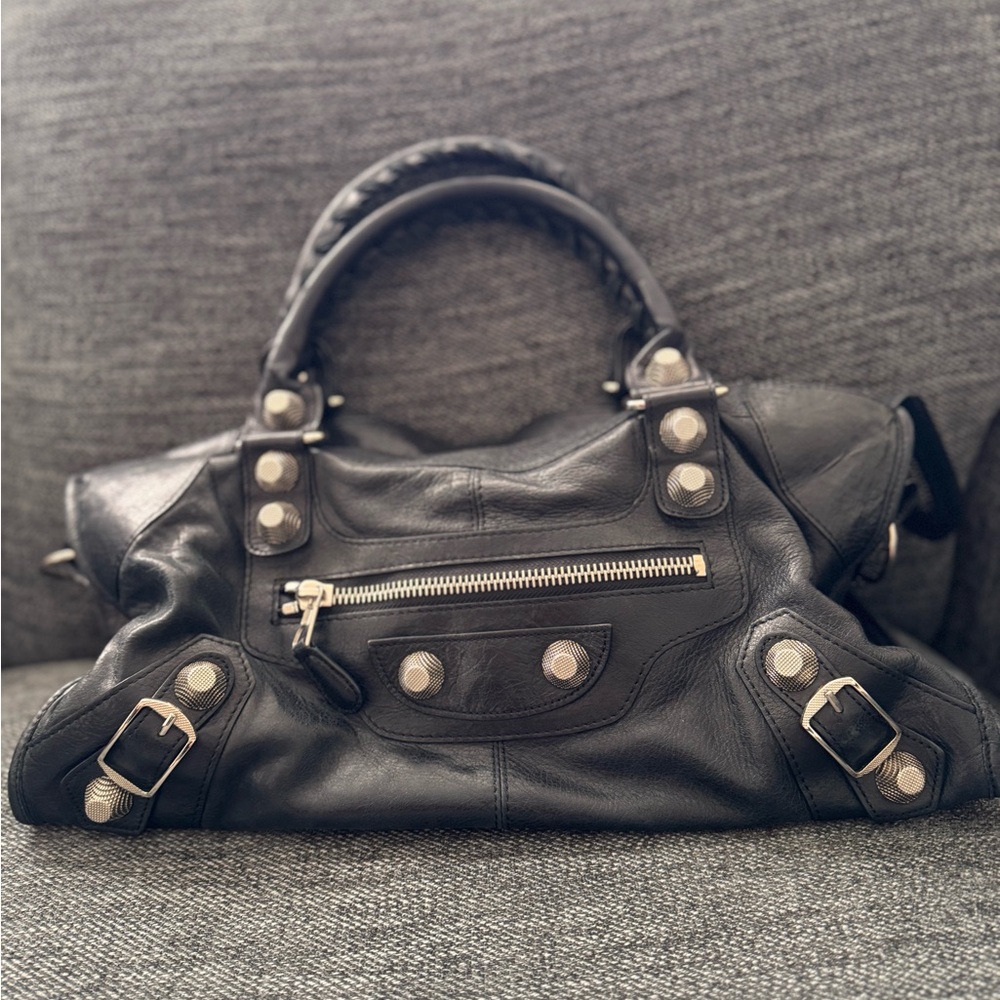 Balenciaga Black Leather Shoulder Bag with Silver Hardware